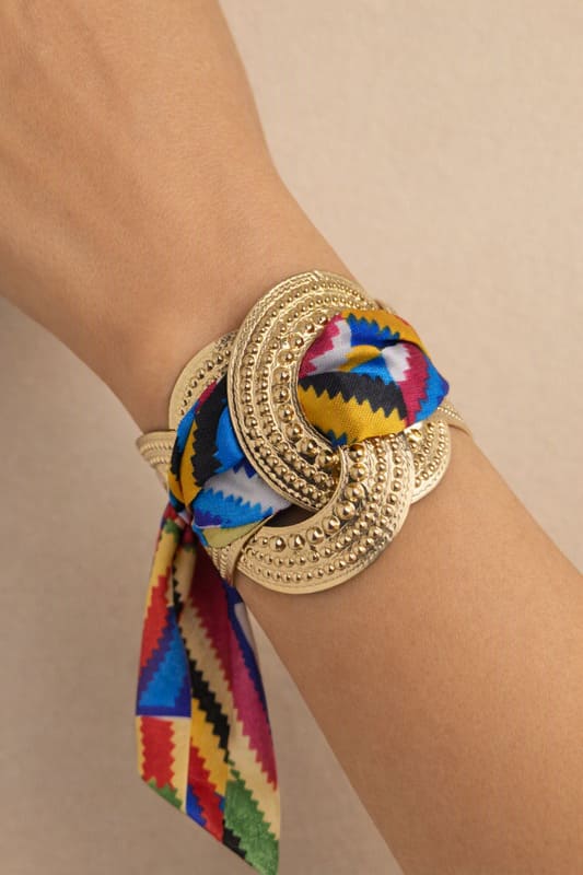 Bracelet doré & tissu multicolore